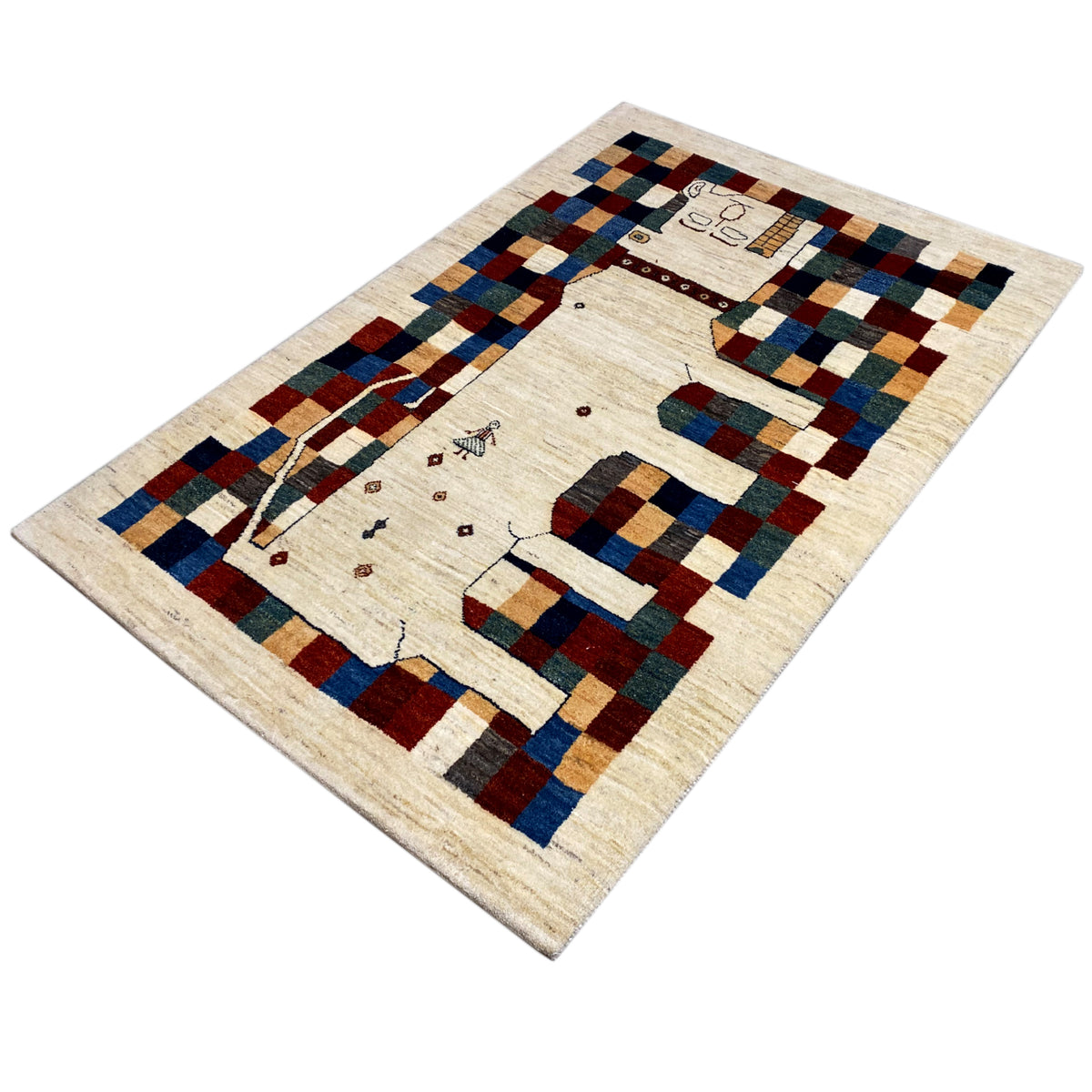 Gabbeh rug 182 x 120 cm, beige pile with colorful tile patterns and small embroidered motifs