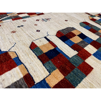 Gabbeh rug 182 x 120 cm, detail view: red, blue, and green color fields in a block pattern