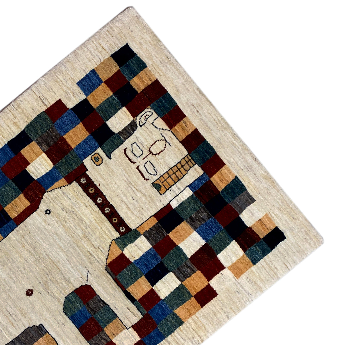 Gabbeh rug 182 x 120 cm, corner view: checked border with central figurative motif