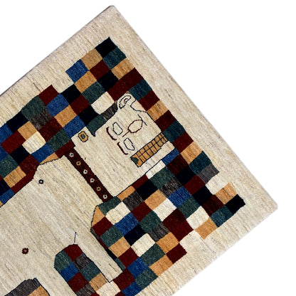 Gabbeh rug 182 x 120 cm, corner view: checked border with central figurative motif
