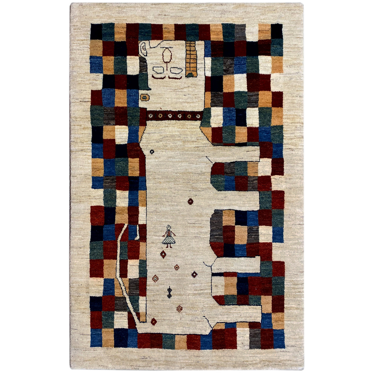 Gabbeh rug 182 x 120 cm, beige background with a multicolored checkered pattern and decorative motifs