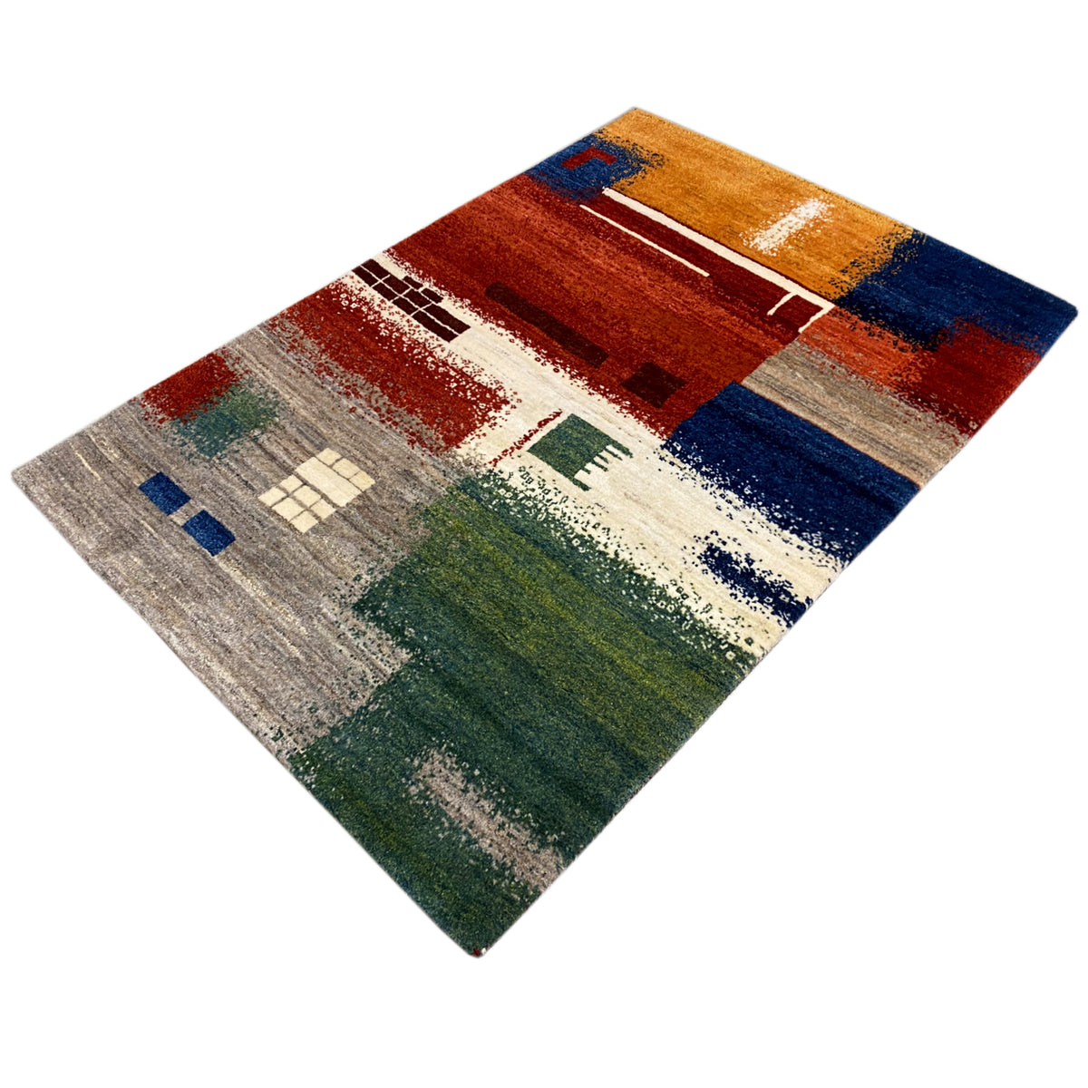 Gabbeh rug 186x125 cm, angled, abstract pattern with red, blue, and green tones on a beige background