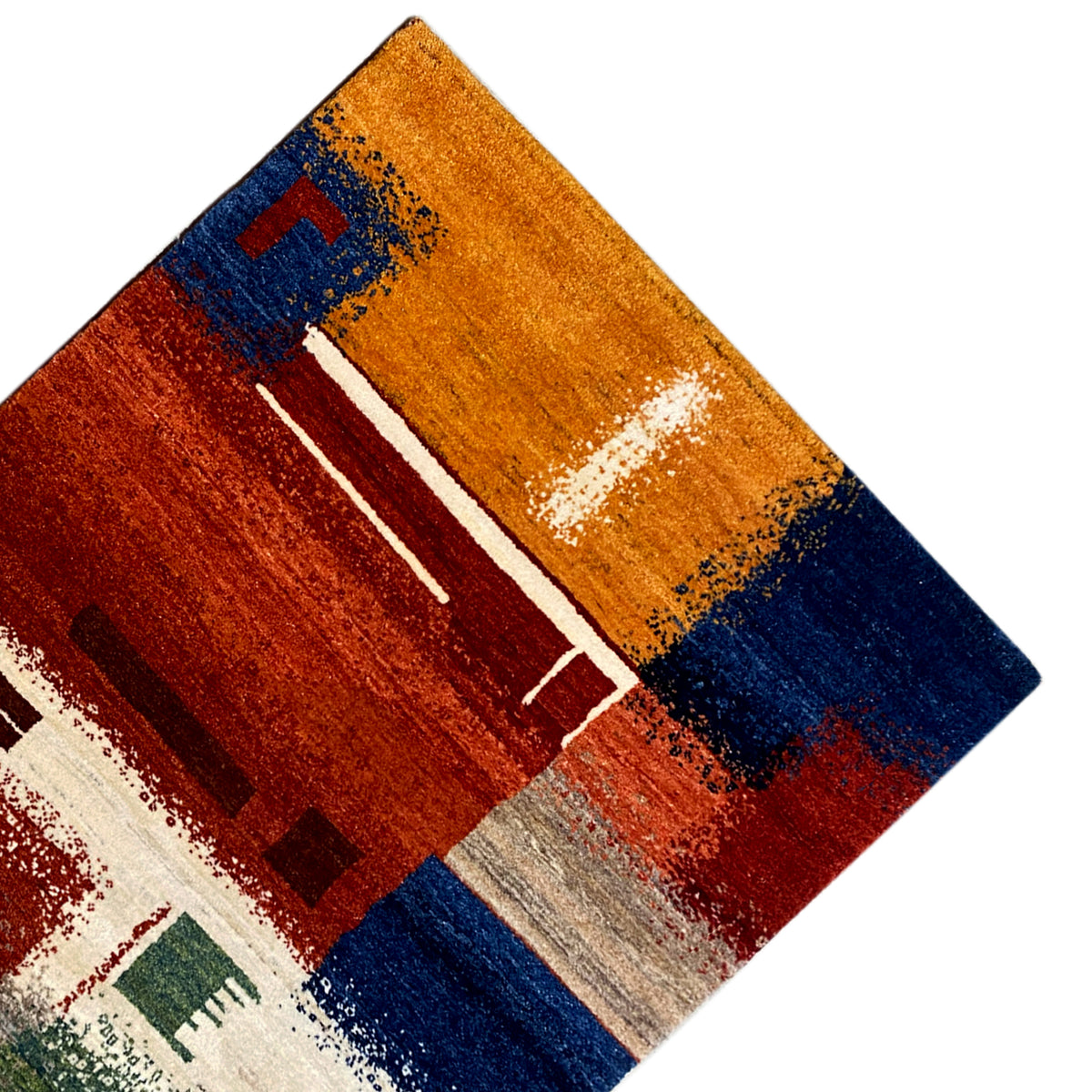 Gabbeh rug 186x125 cm detailed view of the patterned area in ochre, red and dark blue