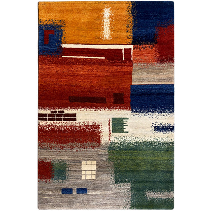 Gabbeh rug 186x125 cm with an abstract patchwork pattern in red, blue, green and beige