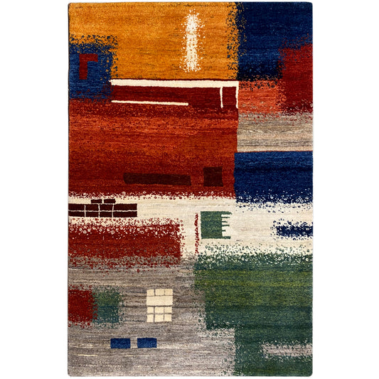 Gabbeh rug 186x125 cm with an abstract patchwork pattern in red, blue, green and beige