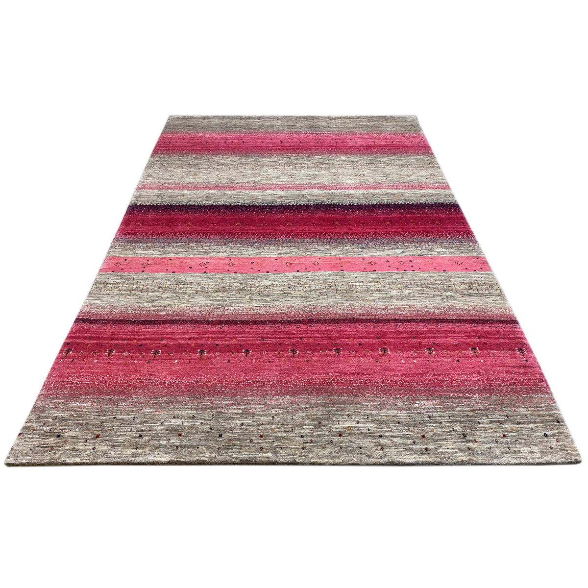 Gabbeh rug with vertical stripes in pink and gray, rectangular shape