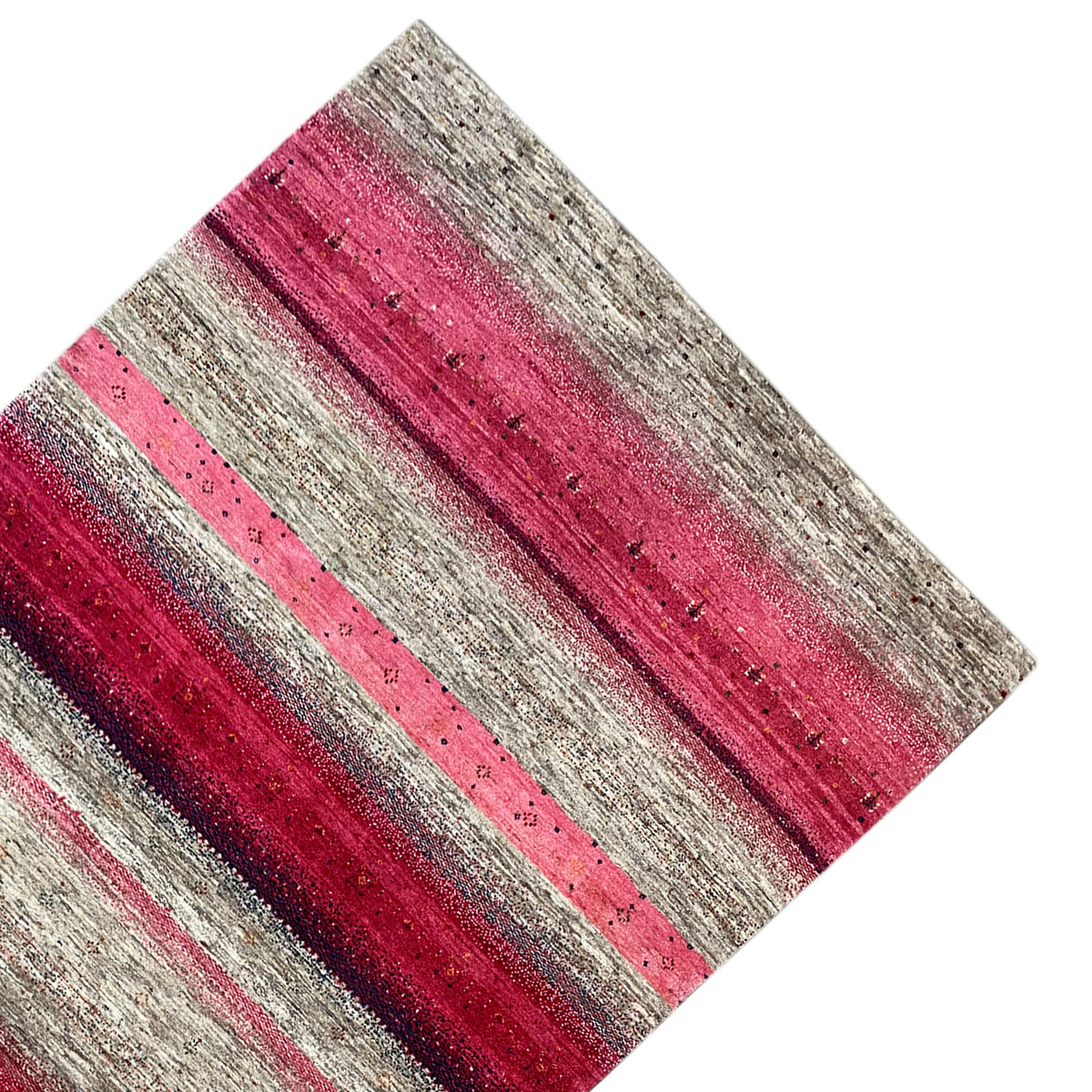 Gabbeh rug with bold pink stripes and gray areas, diagonal
