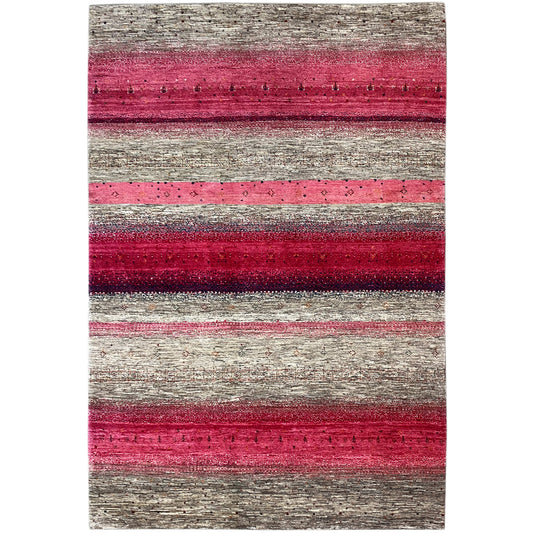 Rectangular Gabbeh rug with pink and gray stripes