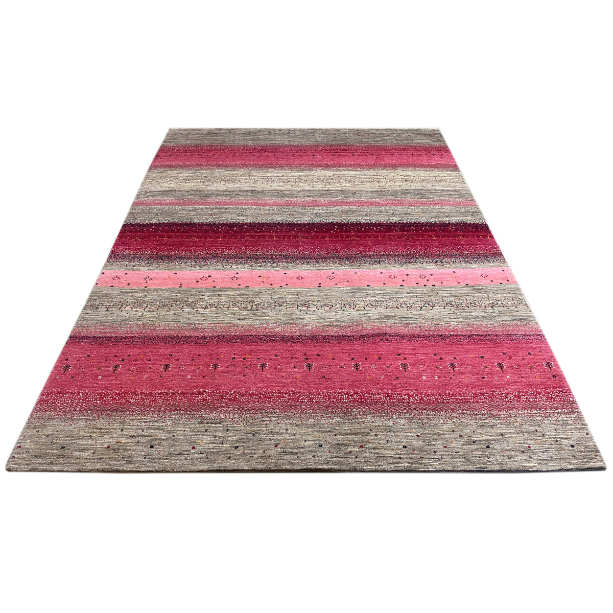 Rectangular Gabbeh rug: wide horizontal stripes in pink and gray