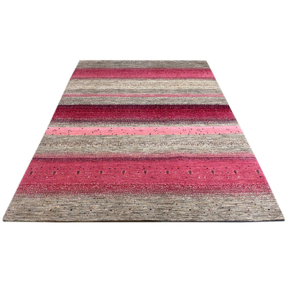 Rectangular Gabbeh rug: wide horizontal stripes in pink and gray
