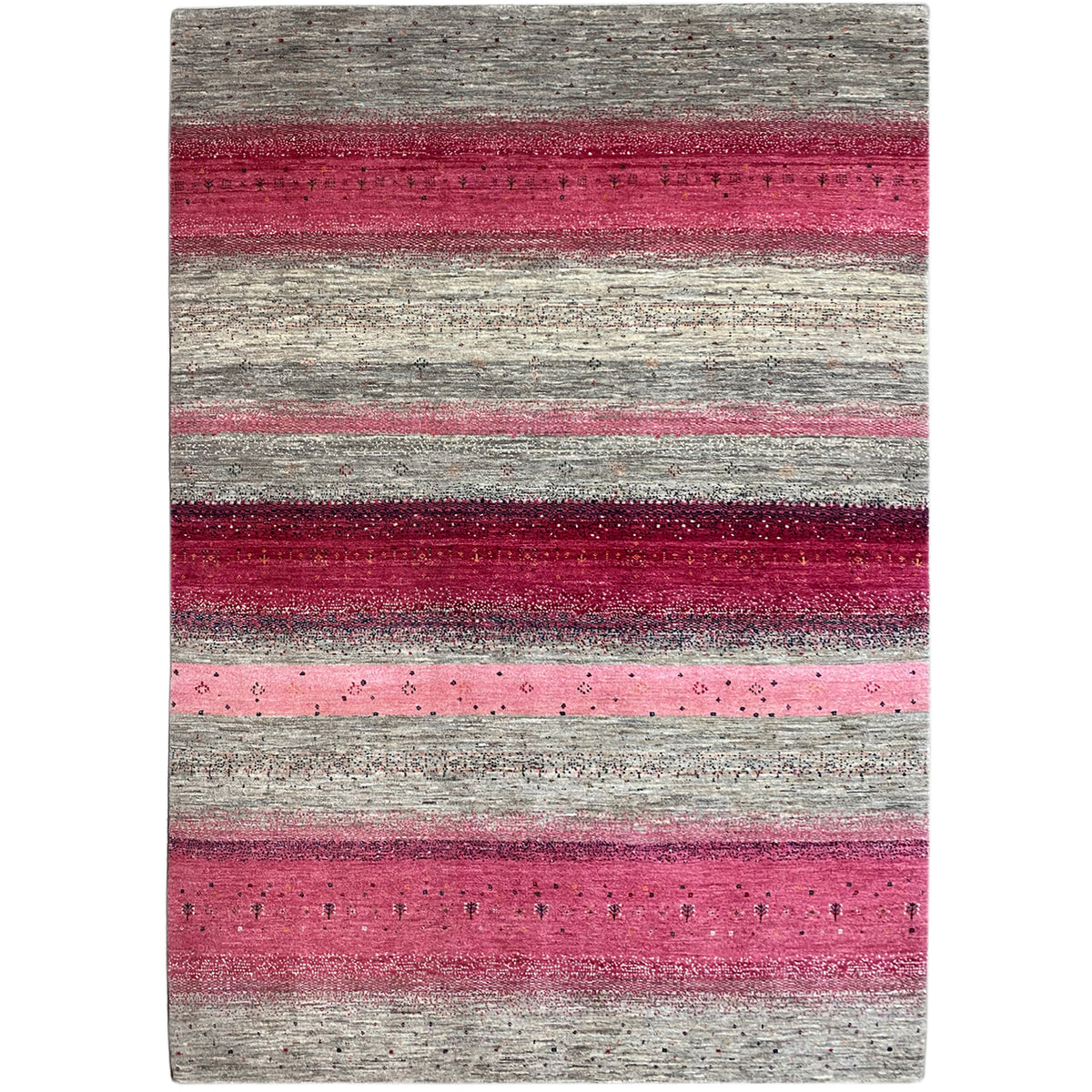 Gabbeh rug with a pink and gray striped pattern, rectangular