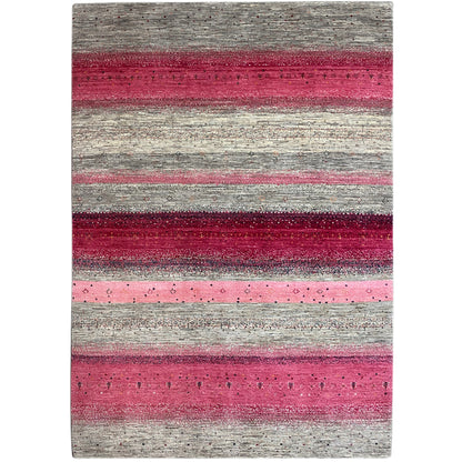 Gabbeh rug with a pink and gray striped pattern, rectangular