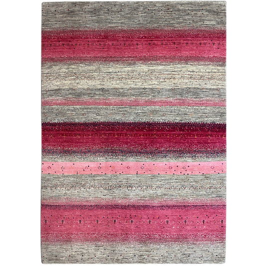 Gabbeh rug with a pink and gray striped pattern, rectangular