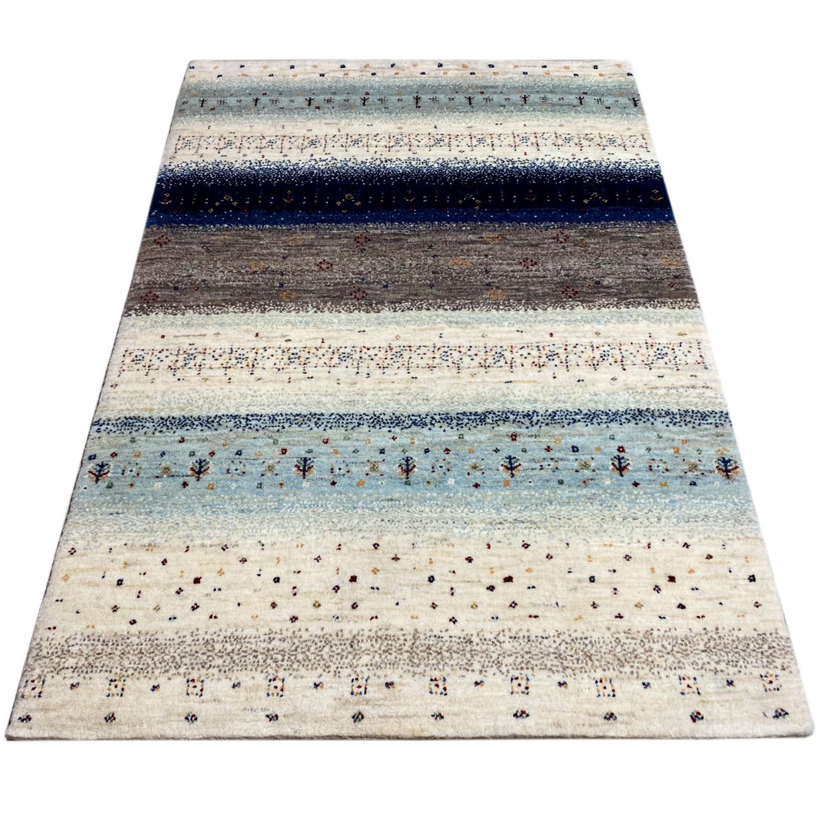 Rectangular Gabbeh rug, stripes in beige, light blue and dark blue with dots