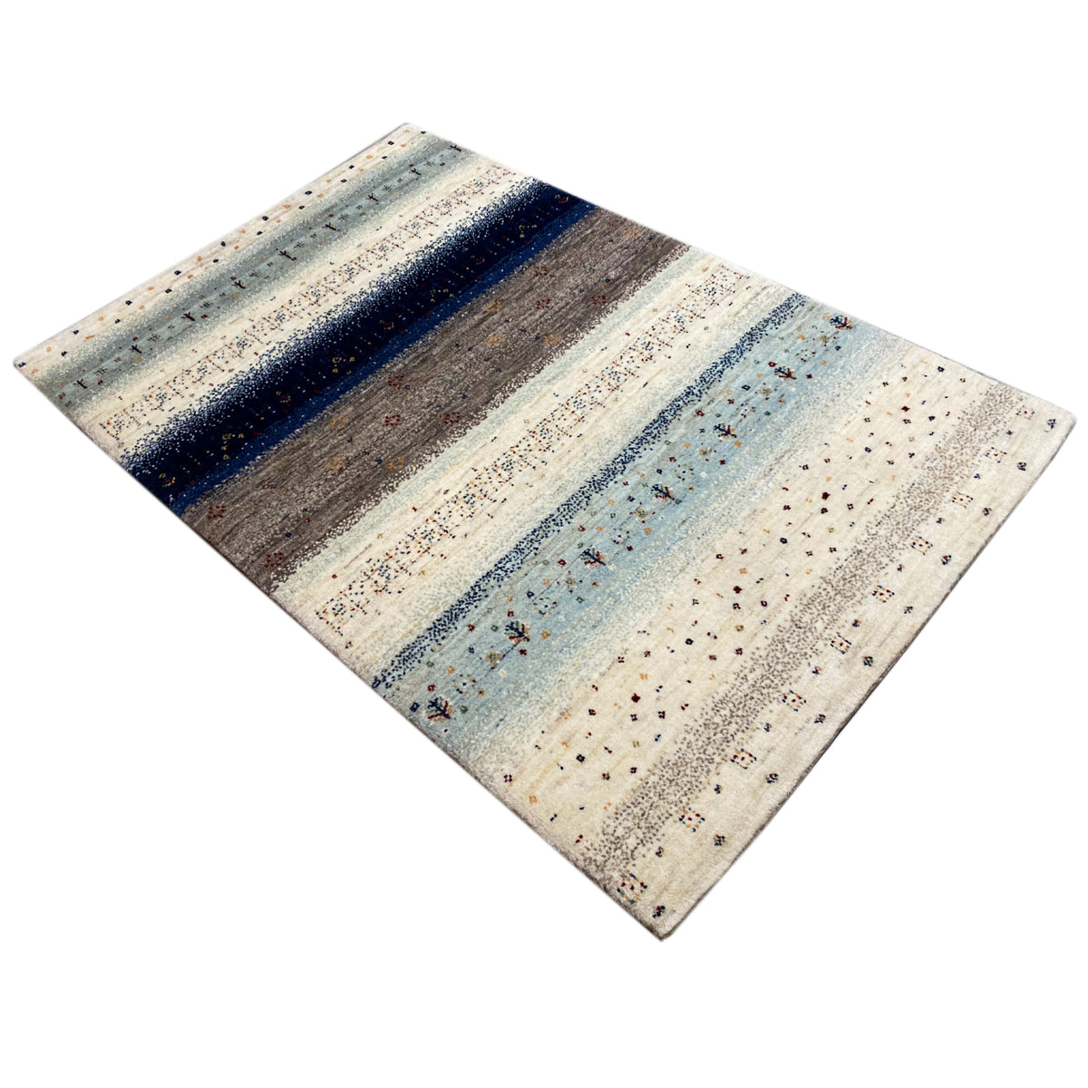 Gabbeh rug at an angle, multicolored stripes and ornamental dots