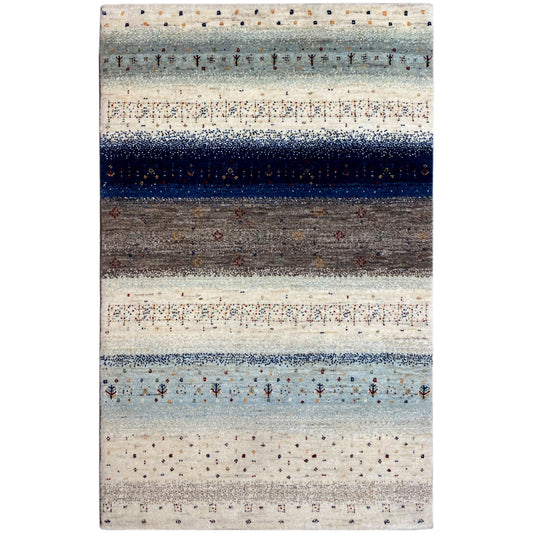 Gabbeh rug with beige, blue, and dark gray stripes and a delicate pattern
