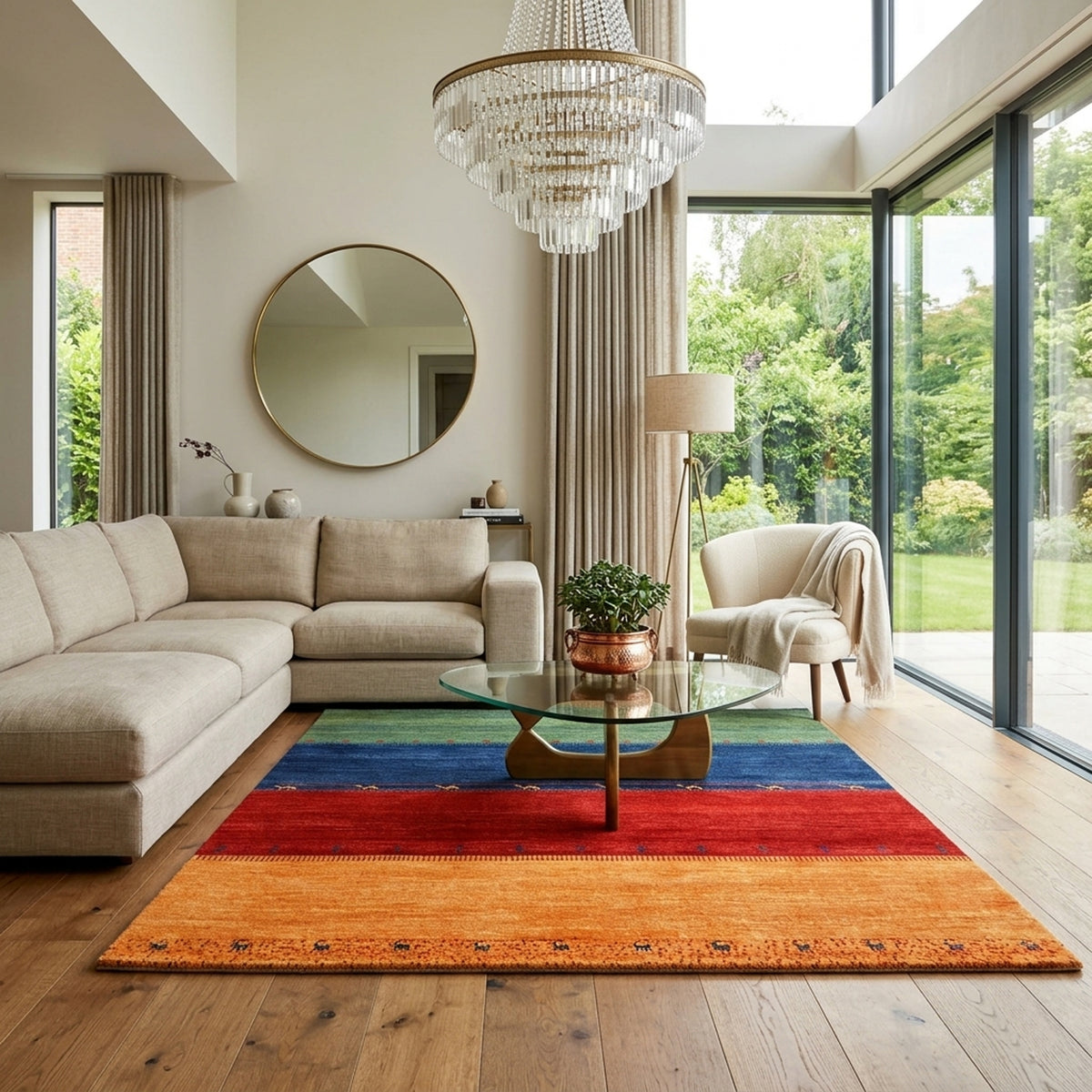 Gabbeh-Teppich 230x172 cm als rechteckiger Farbmix in Orange, Rot, Blau und Grün