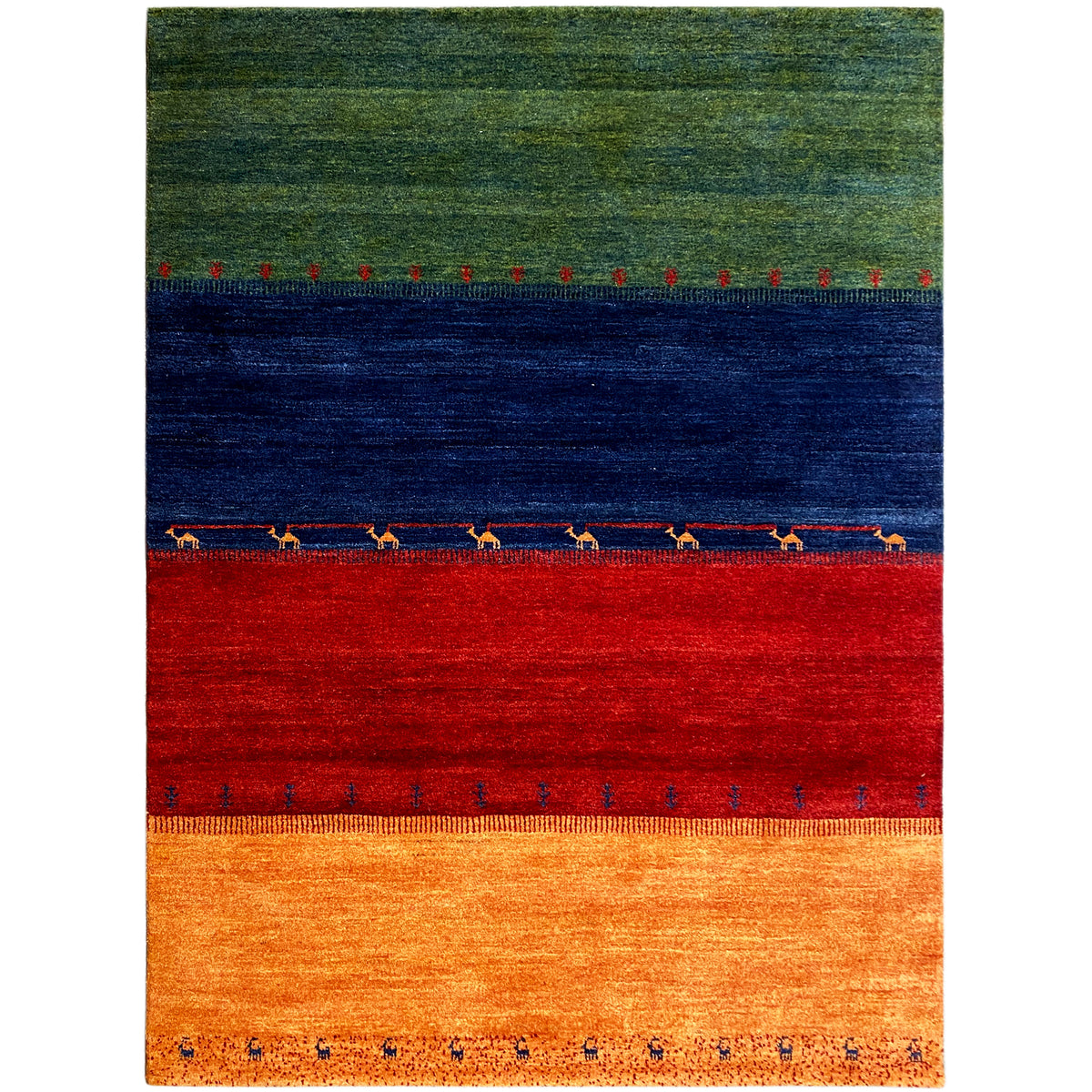 Gabbeh-Teppich 230x172 cm mit Streifenmuster in Grün, Blau, Rot und Orange