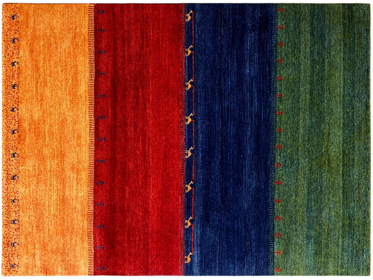Gabbeh-Teppich 230x172 cm Nahansicht: orange, rot, blau und grüne Streifen