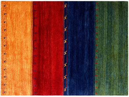 Gabbeh-Teppich 230x172 cm Nahansicht: orange, rot, blau und grüne Streifen