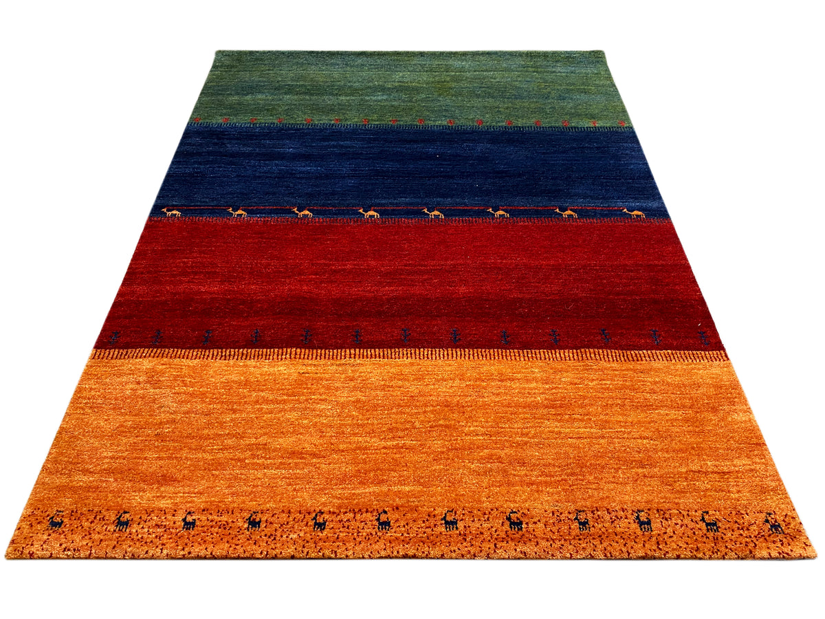 Gabbeh-Teppich 230x172 cm von vorn: grün, blau, rot und orange mit Bordüre