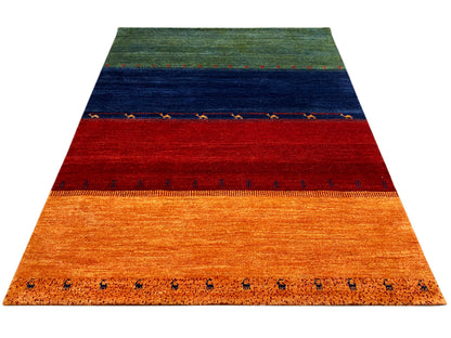 Gabbeh-Teppich 230x172 cm von vorn: grün, blau, rot und orange mit Bordüre