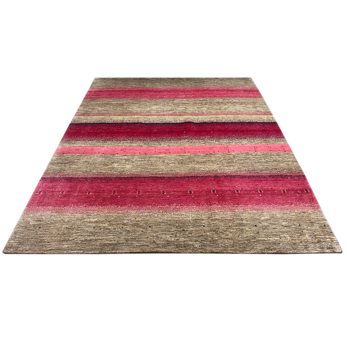 Gabbeh rug with wide pink and gray stripes, rectangular