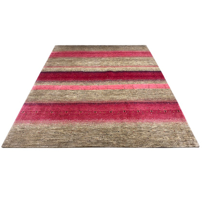 Gabbeh rug with wide pink and gray stripes, rectangular