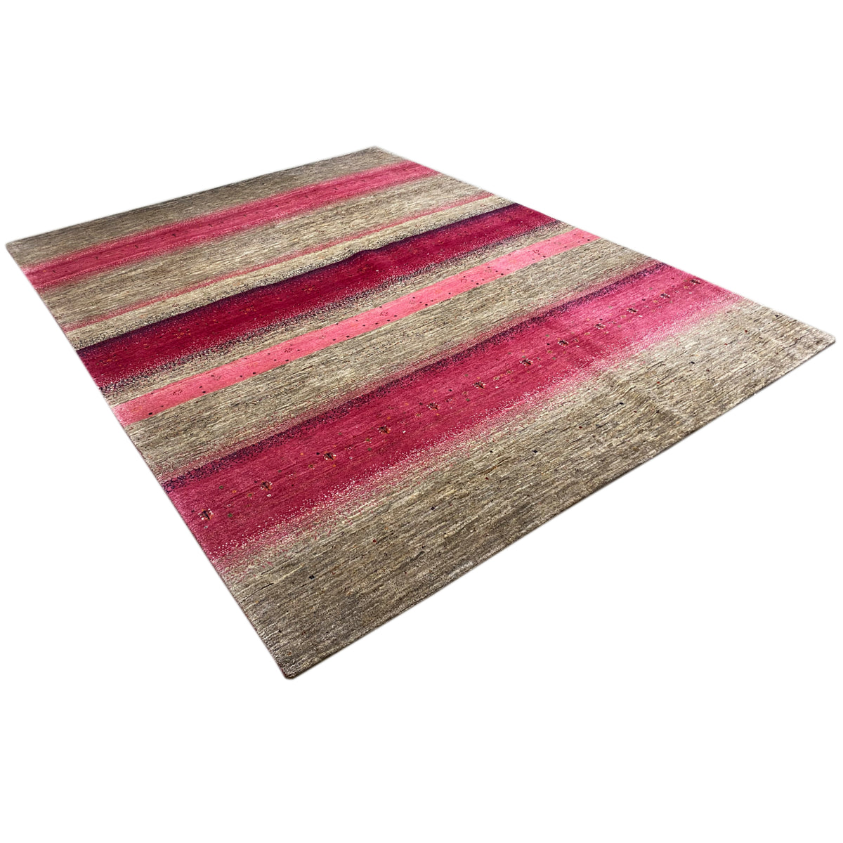 Gabbeh rug, diagonal view: pink and gray stripes, multicolored appearance