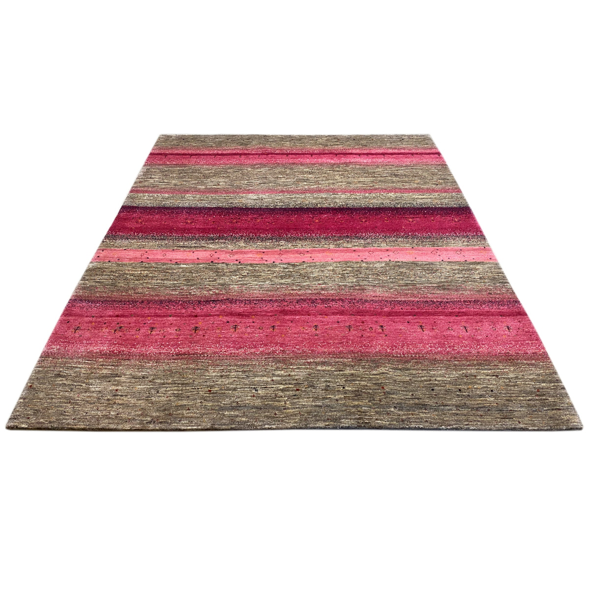 Gabbeh rug with diagonal perspective: striped pattern in pink and gray