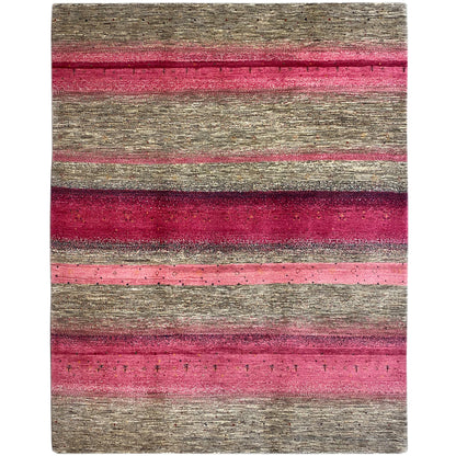 Gabbeh rug with wide pink and gray stripes, rectangular