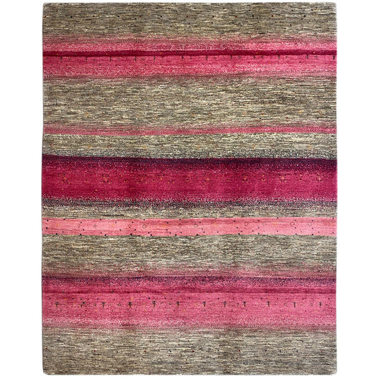 Gabbeh rug with wide pink and gray stripes, rectangular