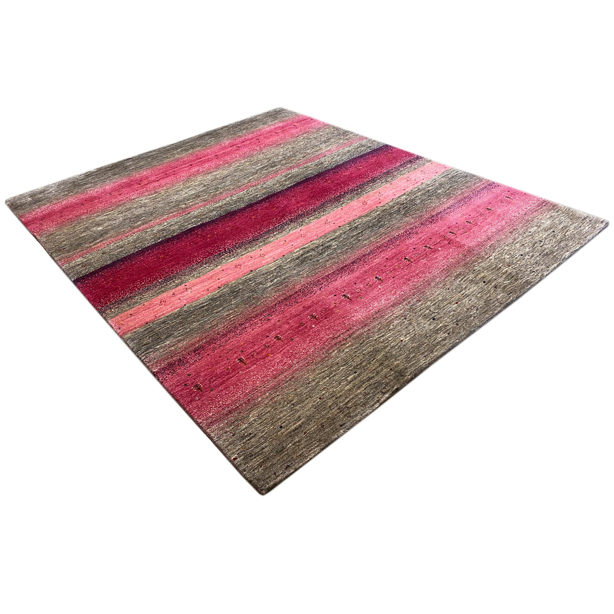 Gabbeh rug with wide stripes in dark pink and gray