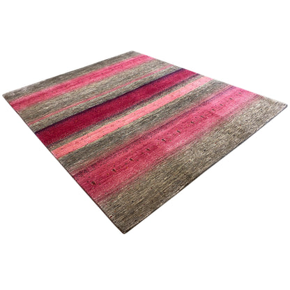 Gabbeh rug with wide stripes in dark pink and gray