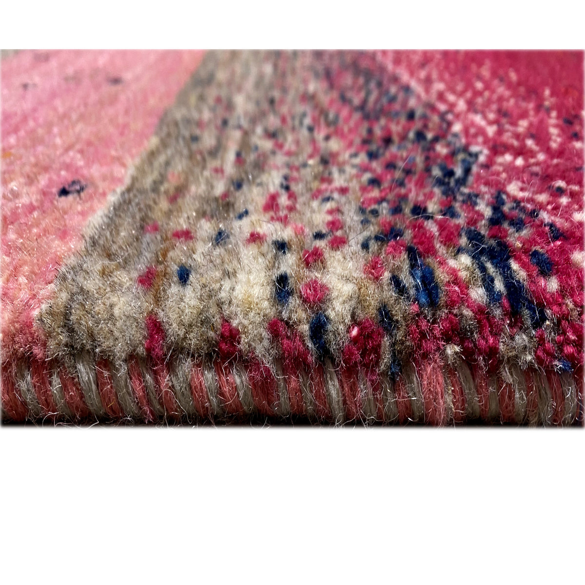 Gabbeh rug with pile and fringes, pink, gray, and colored dots