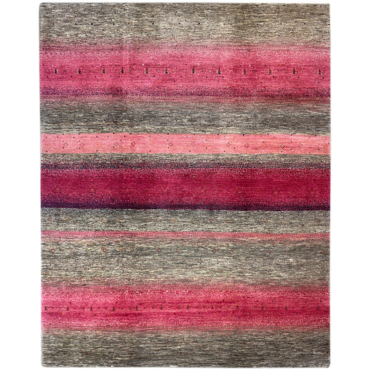 Gabbeh rug with pink and gray stripes, 297x251 cm