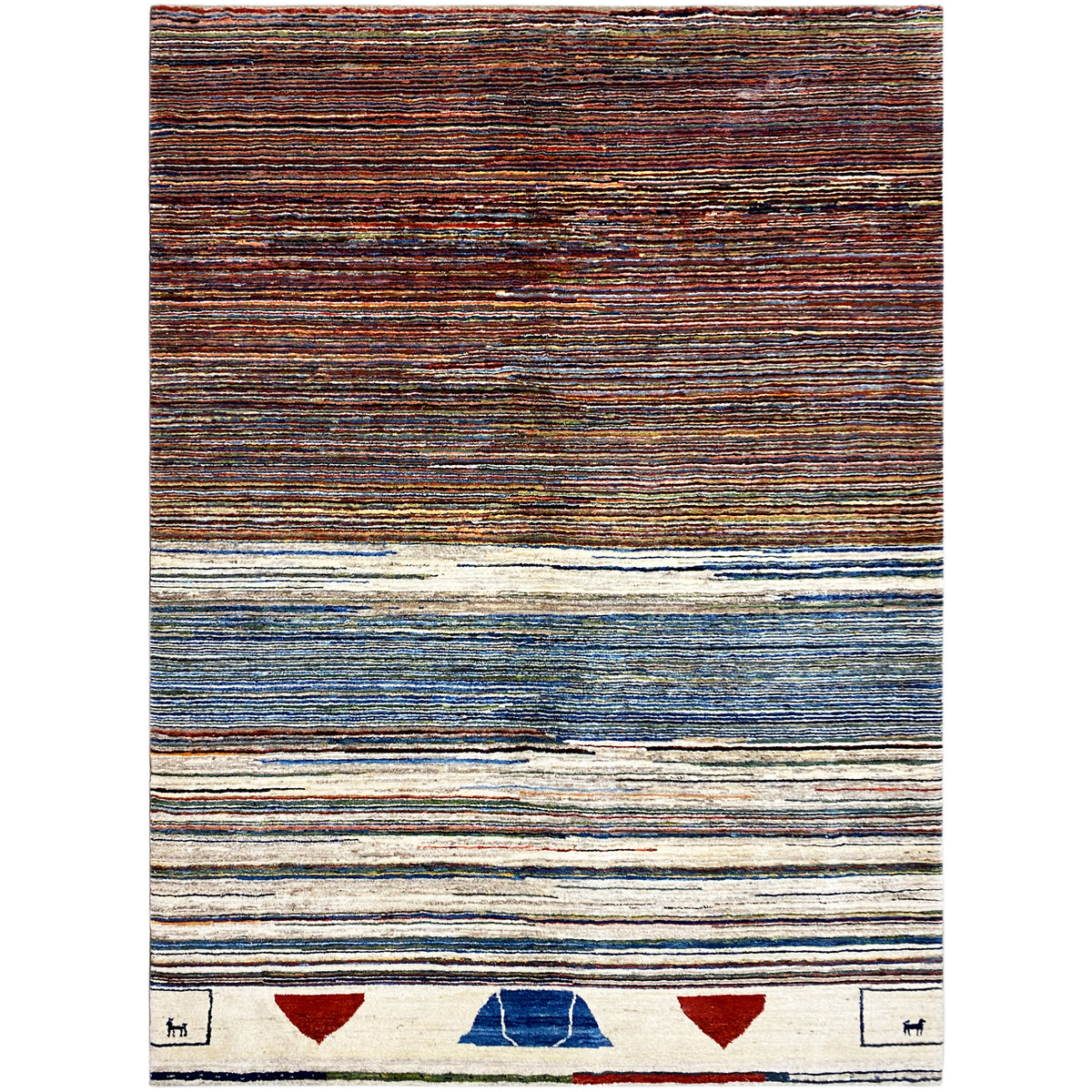 Gabbeh-Teppich, rechteckig, horizontale Streifen in Braun, Blau und Creme, mit Bordürendetails