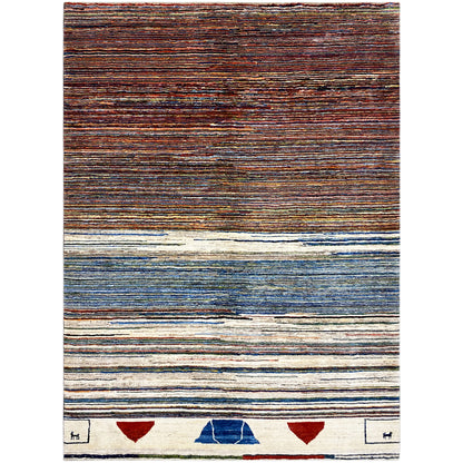 Gabbeh-Teppich, rechteckig, horizontale Streifen in Braun, Blau und Creme, mit Bordürendetails