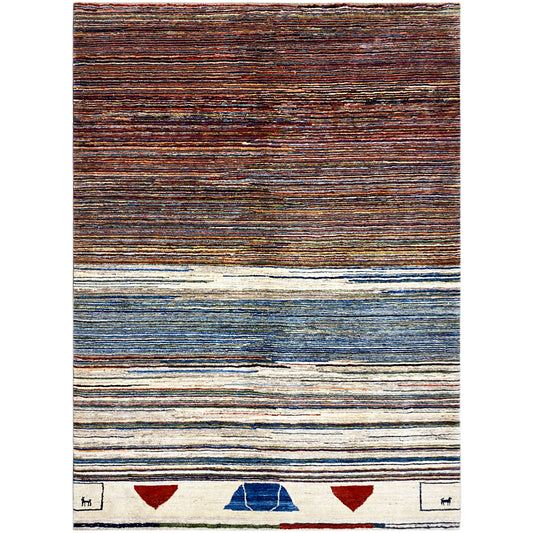 Gabbeh-Teppich, rechteckig, horizontale Streifen in Braun, Blau und Creme, mit Bordürendetails