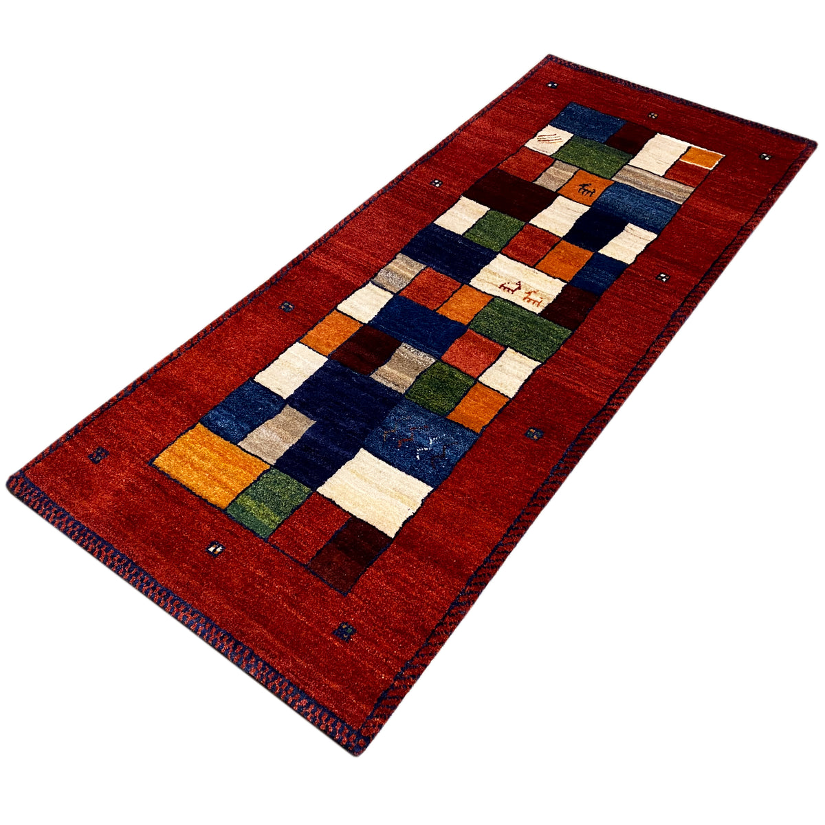 Red runner rug with a centered square motif and an all-around border in blue, green, and beige
