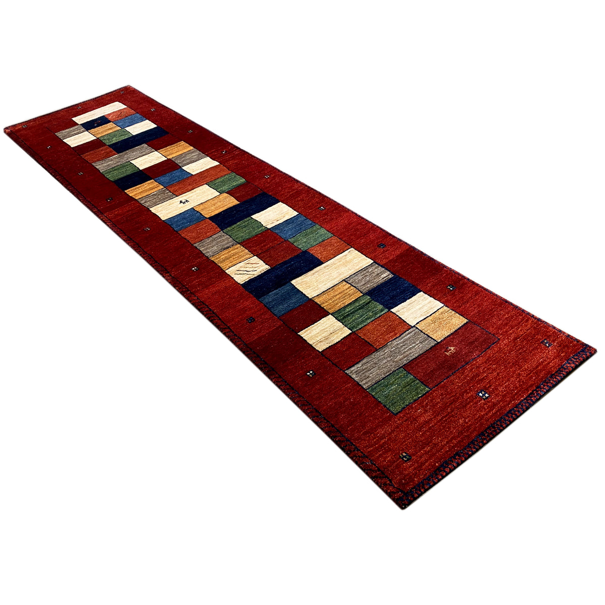 Red Gabbeh runner rug, narrow long runner with colorful square and stripe sections