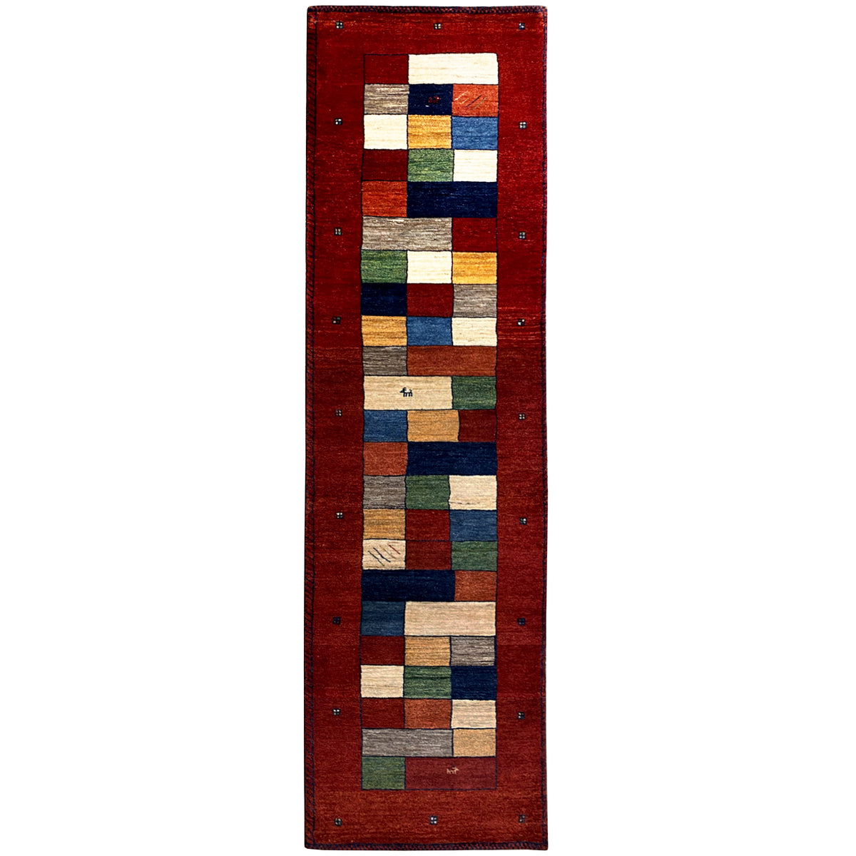 Red Gabbeh rug runner, geometric patchwork pattern with multicolored blocks