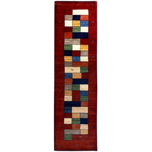 Red Gabbeh rug runner, geometric patchwork pattern with multicolored blocks