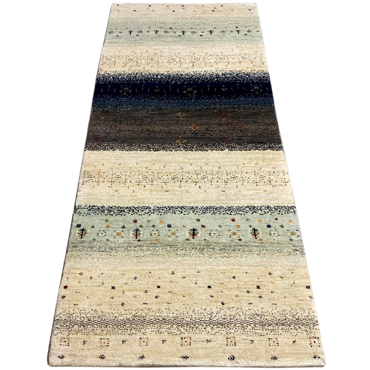 Gabbeh rug runner, rectangular: Beige with dark central stripes and fine patterns
