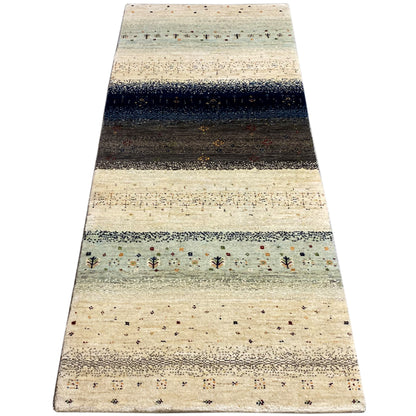 Gabbeh rug runner, rectangular: Beige with dark central stripes and fine patterns