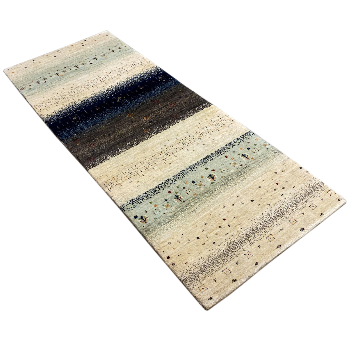 Gabbeh runner rug with a border all around, beige with blue-black striped gradient
