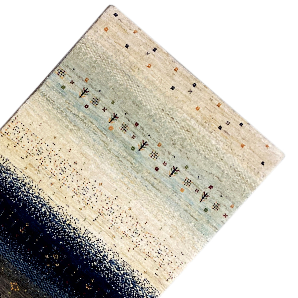 Gabbeh runner rug with corner detail, light base, blue-black zone, and micro-patterns