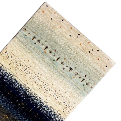 Gabbeh runner rug with corner detail, light base, blue-black zone, and micro-patterns