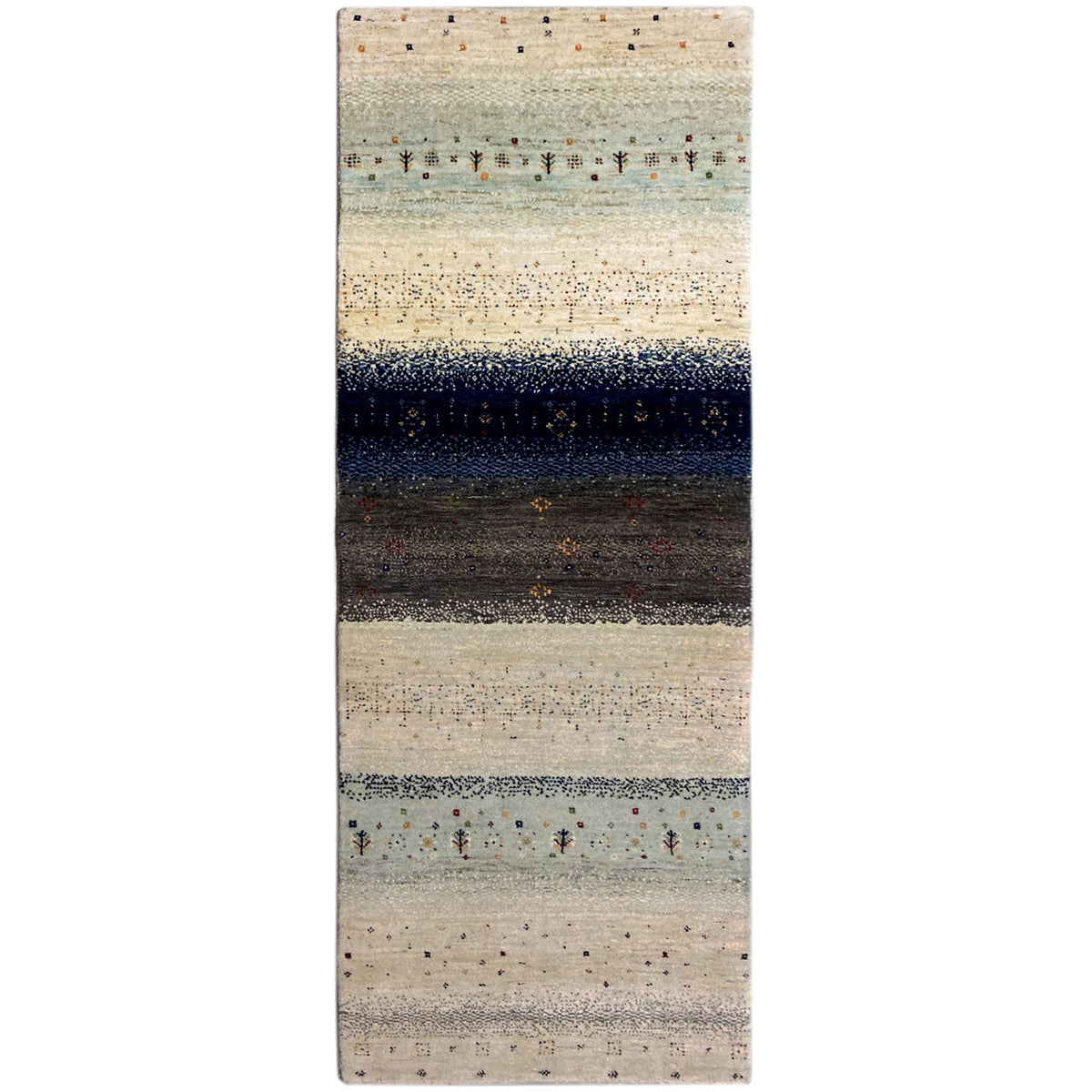 Gabbeh rug runner with stripes in beige, dark blue and black