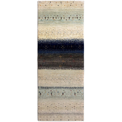 Gabbeh rug runner with stripes in beige, dark blue and black